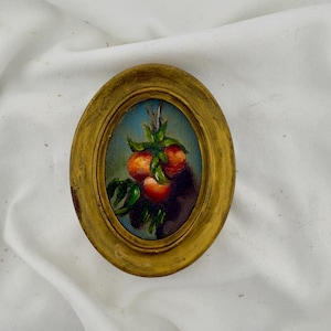 Vintage nature morte orange | Petite peinture à l'huile | Cuisine campagnarde française | Art mural galerie | Cadre baroque fleuri | Peinture miniature