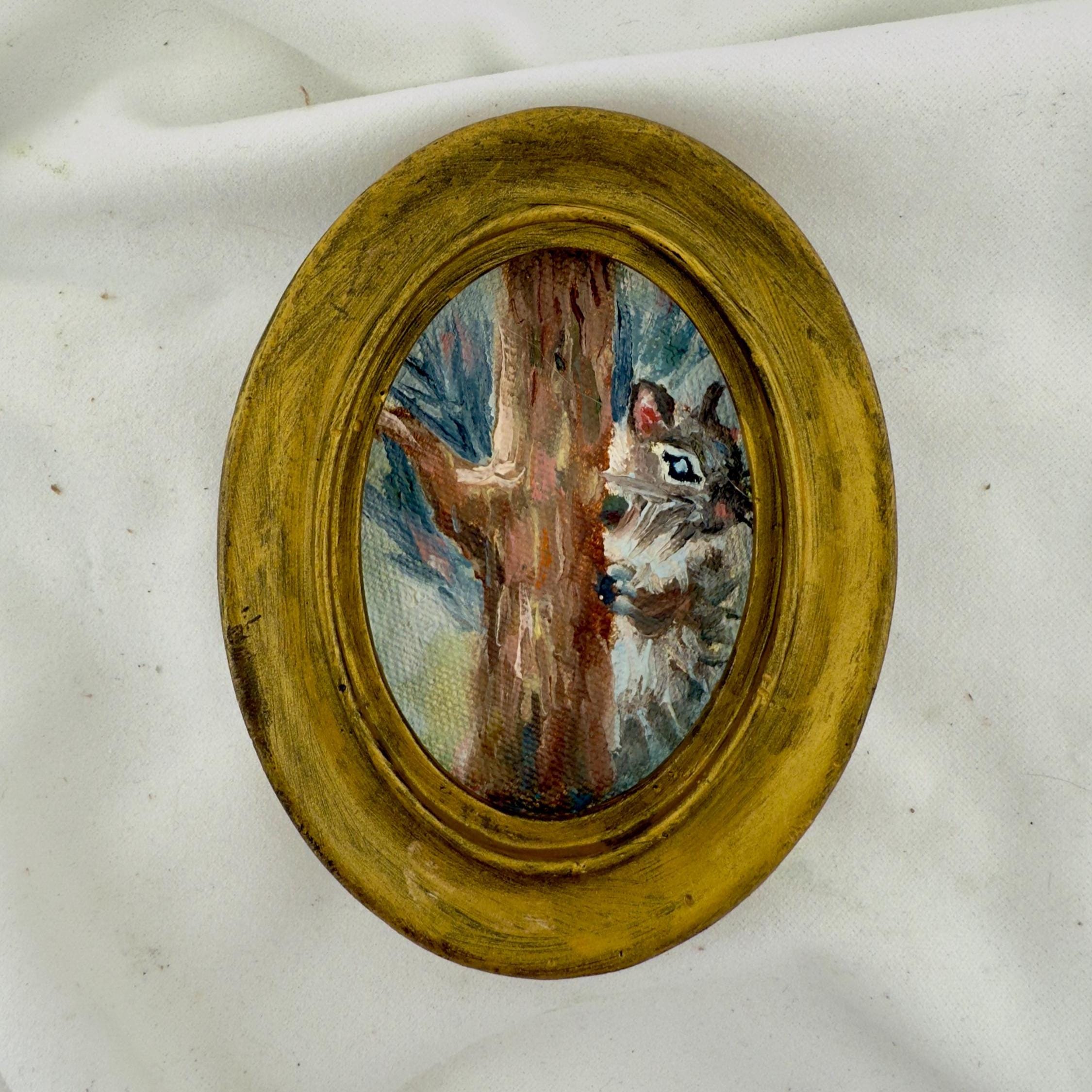 Tiny Squirrel Oil Painting: Vintage Style Gold Framed Art