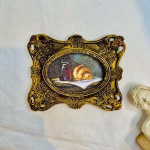 Small Oil Painting | croissant painting | Ornate Baroque Frame | Kitchen Still Life | French Country Kitchen | Gallery Wall Art | Cute Gift