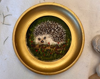 小さなハリネズミの油絵：ヴィンテージスタイルの額入りギャラリー