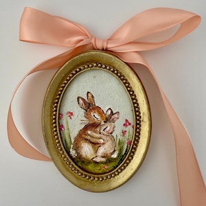 Whimsical Bunny Art: Charming Vintage-Style Oil Painting in a Framed Rabbit Portrait