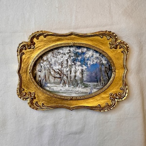 Vintage Winter Landscape Oil Painting: Golden Ornate Frame, French Countryside