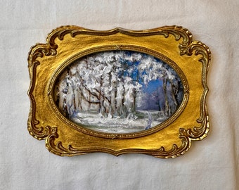 Vintage goldener Rahmen | Winterlandschaft | Ölmalerei | Verzierter Rahmen Kunst | Original handgemalt | Französische Landschaft | stimmungsvolle verschneite Bäume