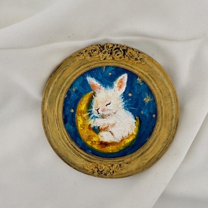 Whimsical Bunny in Baroque Frame: Miniature Oil Painting on Golden Moon
