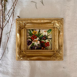 Framed Miniature Oil Painting: Moody Floral Still Life, Baroque Frame