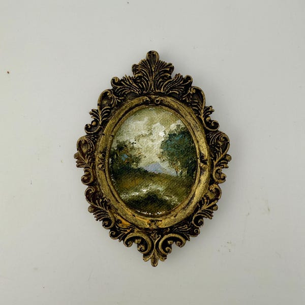 Peinture à l'huile miniature paysage ovale - Oeuvre d'art originale peinte à la main dans un cadre orné d'or
