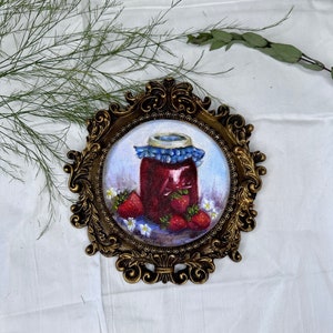 Petite peinture à l'huile | Peinture de confiture de fruits | Nature morte | Cuisine campagnarde française | Art mural de galerie | Cadre baroque fleuri | Cadeau pour amateur de confiture