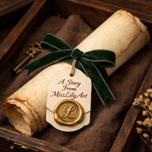 May include: A rolled parchment scroll tied with a dark green velvet ribbon. A cream-colored tag hangs from the ribbon, featuring the text A Story From MissLilyArt and a gold wax seal embossed with the letter L. A metal key is visible nearby.