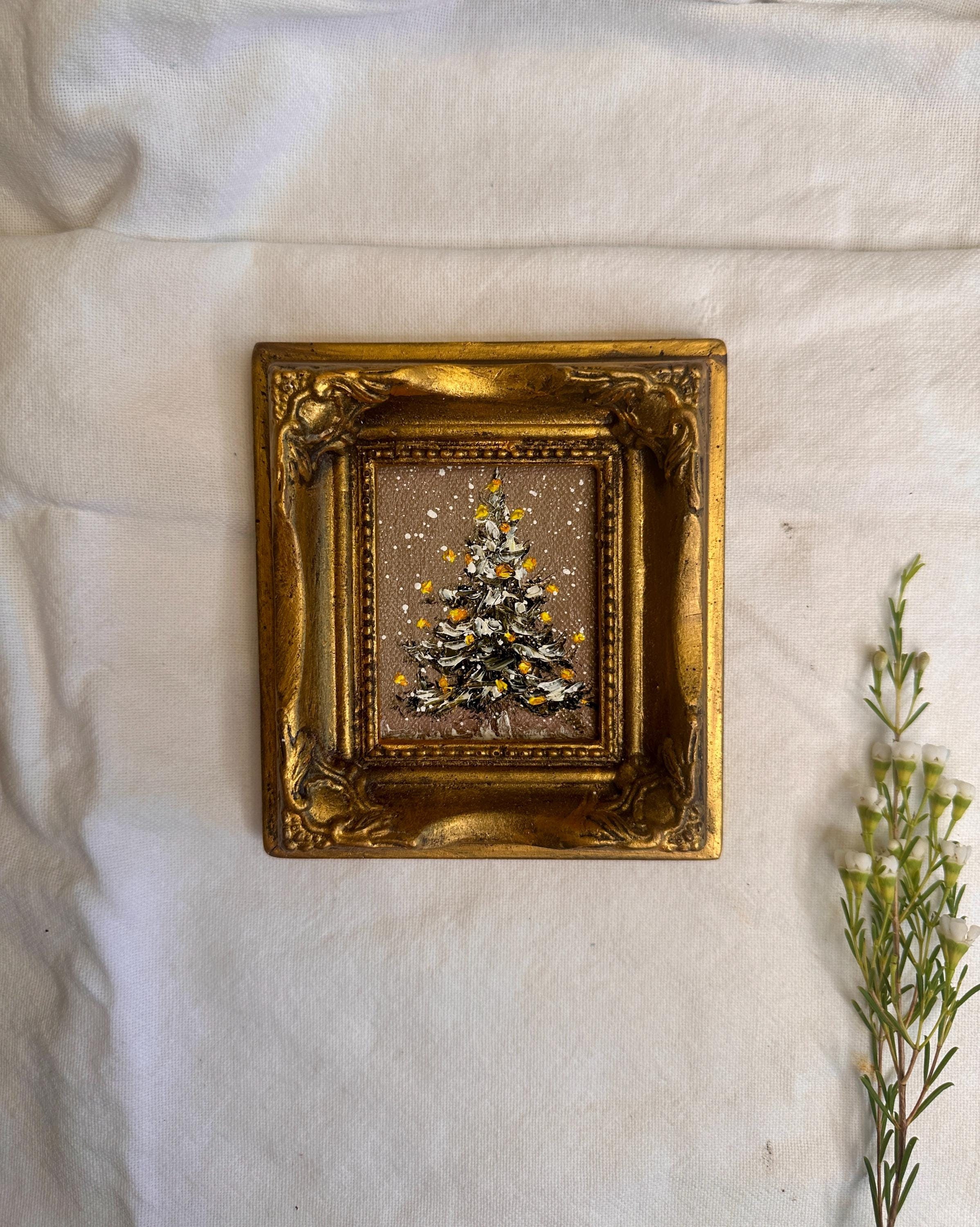 Vintage Christmas Tree Painting in Ornate Frame - Small Original Artwork for Cozy Interiors
