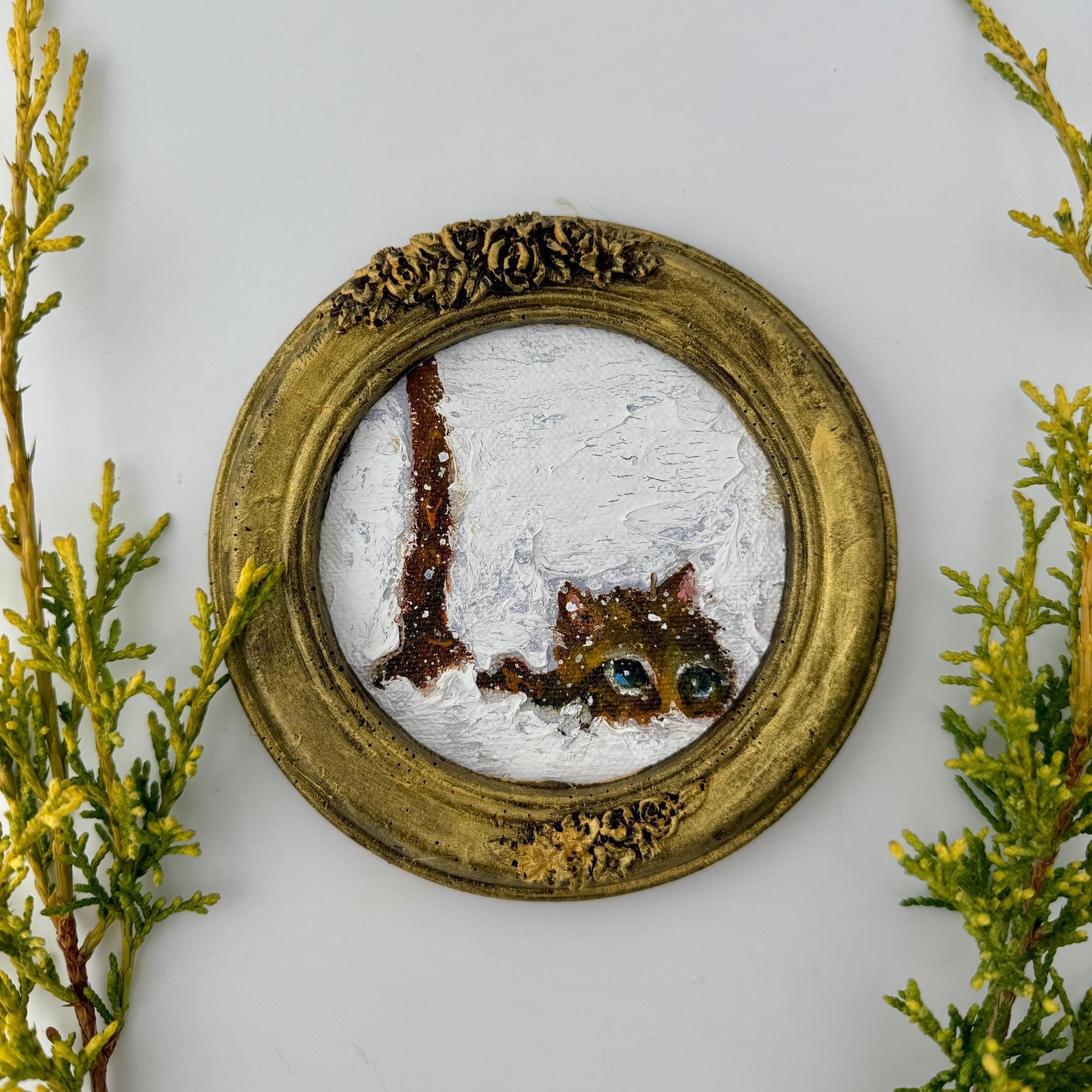 Miniature Cat Painting "Winter Peek" - Original Oil on Linen - Hand-Painted Gold Frame - cat lover