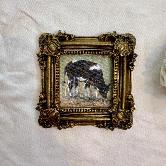 Cow Oil Painting, Tiny Country Kitchen Art in Vintage Style Frame