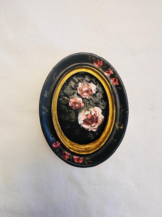 Tiny Rose Oil Painting: Moody Floral Art in Ornate Frame