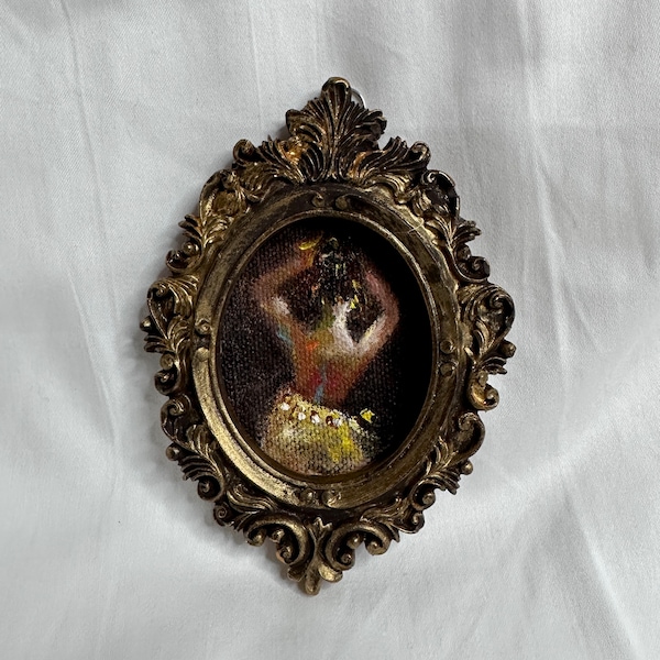 Peinture à l'huile vintage danseuse : petite oeuvre d'art encadrée