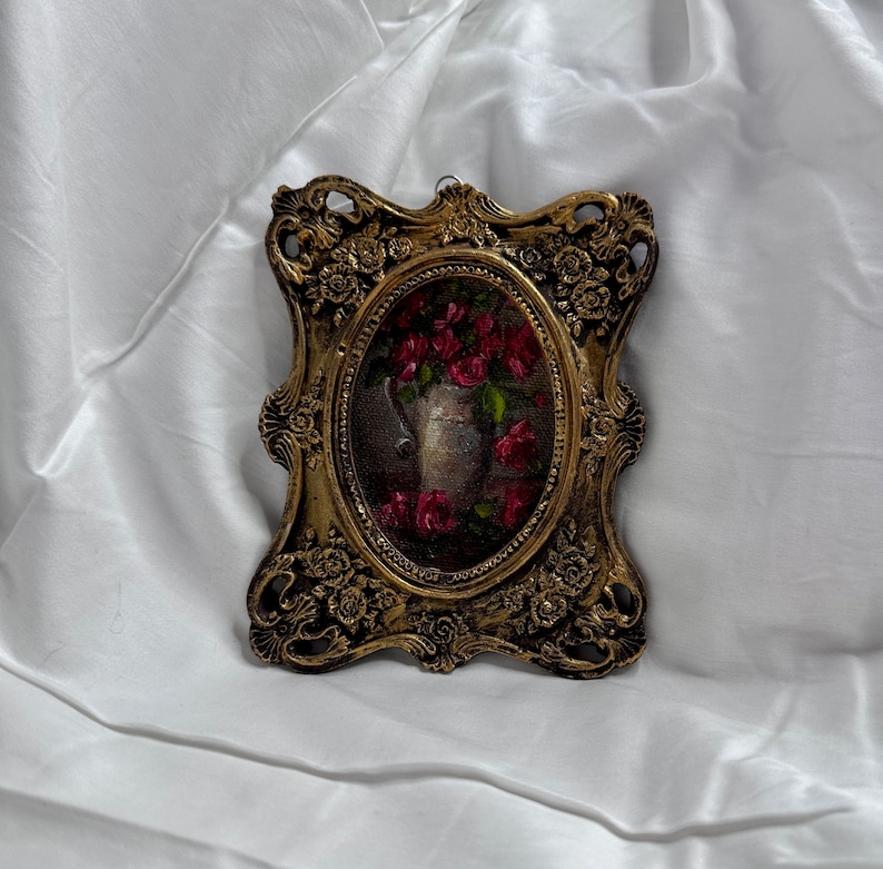 Miniature Rose Oil Painting: Vintage Floral Art in Ornate Baroque Frame ...