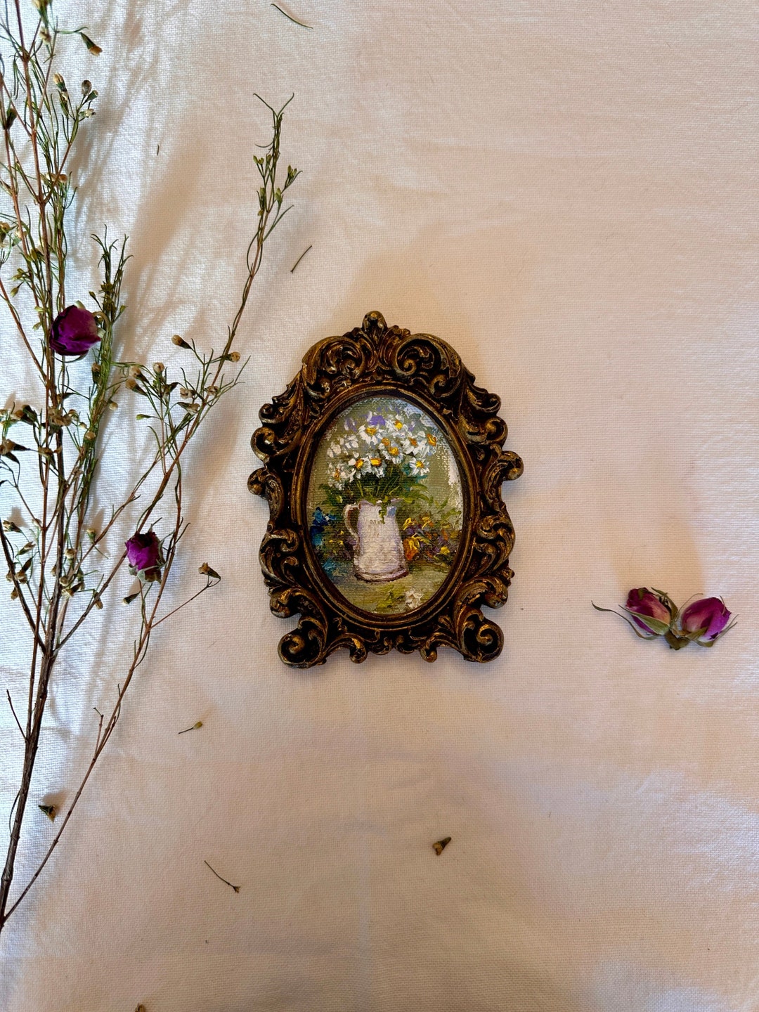 Tiny Daisy Oil Painting: Baroque Frame, Moody Floral Art - Etsy