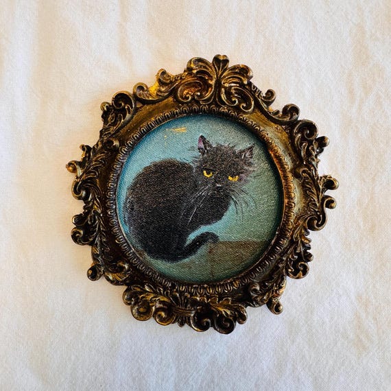 Small Black Cat Oil Painting: Gothic Antique Ornate Frame Art