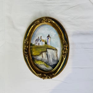 Aquarelle phare vintage dans un magnifique cadre doré - cadeau idéal pour les amateurs de mer