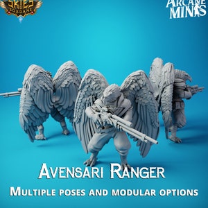 May include: Three gray plastic miniature figures of winged humanoids with feathered wings, holding rifles. The figures are posed in different stances. The text "AVENSARI RANGER" is at the bottom of the image. The text "MULTIPLE POSES AND MODULAR OPTIONS" is below the first text. The text "ARCANE MINIS" is in the upper right corner of the image. The text "SKIES OF SORDANE" is in the upper left corner of the image.