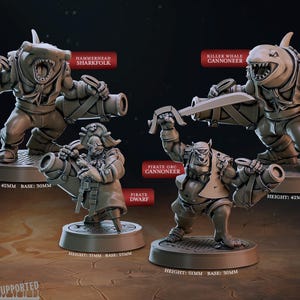 Pirate Cannoneers Shark Dwarf Whale - Pirate Chronicles Set - 3d printed 28mm | 32mm Miniatures for Tabletop Gaming (DnD, D&D) by CastNPlay