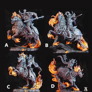 May include: Four detailed miniature figurines of armored riders on fiery horses. Each figure is a different pose, with the horses rearing or galloping. The riders are in full armor, and the horses have flames for manes and tails. The miniatures are on a dark background.