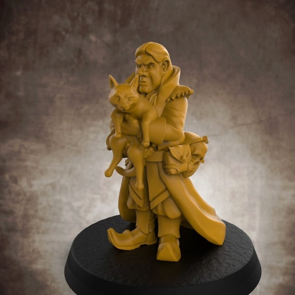 Gnomish Necromancer Gale w Cat Jynx - 32mm | 28mm Miniatures for Dungeons and Dragons (DnD, D&D, ) by Lion Tower