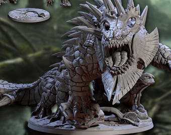 May include: A gray, 3D-printed Great Basilisk of Falgor miniature, pre-sliced and pre-hollowed. The model features a detailed dragon-like creature with sharp teeth, spikes, and a long tail. The text "GREAT BASILISK OF FALGOR" and "PRE-SLICED/PRE-HOLLOWED" are visible.