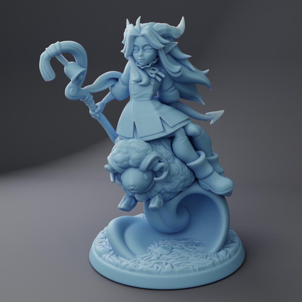 Kip Tiefling Shepard - Sheep Rider - 3d printed 28mm 32mm Miniatures for Dungeons and Dragons (DnD, D&D) by Twin Goddess Miniatures
