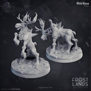 May include: Two white moose miniatures, one standing on its hind legs and the other standing on all fours. Both miniatures are detailed with fur and horns. The miniatures are on round bases. The text "White Moose #322" is in the top right corner of the image. The text "FROST LANDS COLLECTION" is in the bottom right corner of the image.
