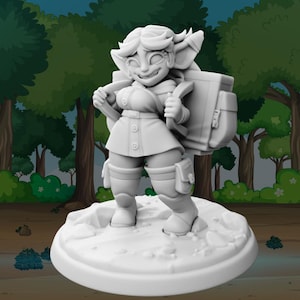 May include: A white figurine of a smiling, cartoonish character with pointed ears, wearing a tunic, boots, and a backpack. The figure is standing on a circular base, with a forest scene in the background. The character is holding the straps of the backpack.