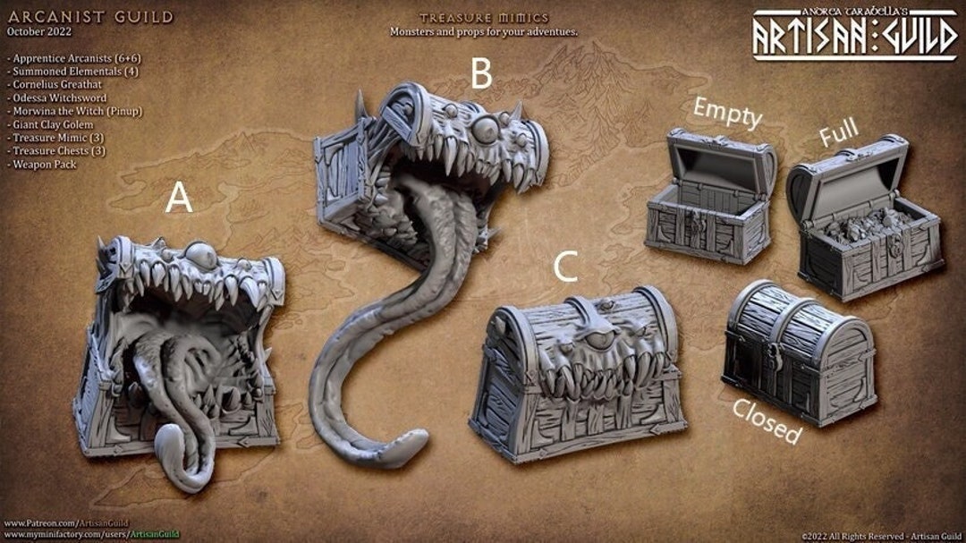 Treasure Mimics Treasure Chest and Mimic Monster Gold 28mm 32mm 3d