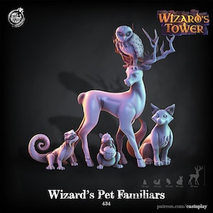 May include: A set of five miniature fantasy animal figurines, including a deer, owl, fox, squirrel, and lizard. The figurines are painted in a light grey colour and are posed in a variety of positions. The set is titled "Wizard's Pet Familiars 434" and is from the company "Cast N Play".