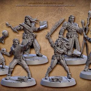 May include: Six gray plastic miniature figures of fantasy characters, including a wizard, a warrior, and a sorceress. The figures are posed in dynamic stances and are ready for tabletop gaming or role-playing.
