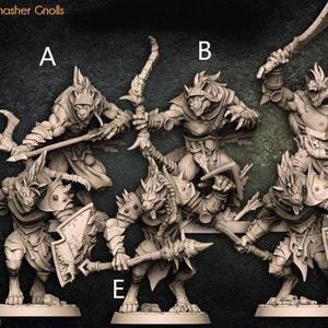 May include: A collection of six detailed miniature figures of Bonegnasher Gnolls, each in dynamic poses and armed with weapons like bows, swords, and maces. The figures are in a neutral color, with intricate armor and facial features. The Artisan Guild logo is visible.