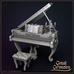 May include: A grey, ornate grand piano with the lid open, revealing a book inside. The piano has a carved design and the words "Great Grimoire" inscribed on the front. A candlestick with three candles sits on top of the piano. A matching grey piano stool is in front of the piano.