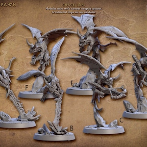May include: Five gray plastic miniature figures of demonic creatures with wings, each standing on a circular base with a letter label. The figures are posed in different positions, with some holding weapons. The text "Gorge Imps" is visible at the top of the image.