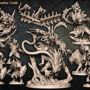 May include: A set of 12 unpainted miniature figures of gnolls, a type of humanoid creature with dog-like features. The figures are in various poses, including standing, running, and attacking. The figures are made of a gray plastic material and are designed for use in tabletop role-playing games.
