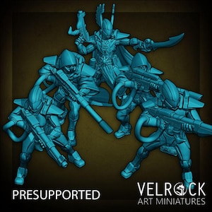 May include: A group of blue-colored miniature figures, including a central warrior with a cape and sword, and several figures with rifles. The text "PRESUPPORTED" is at the bottom left, and "VELROCK ART MINIATURES" is at the bottom right.