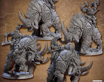 May include: Four miniature figurines of riders on large, detailed, gray rhinoceros-like creatures. The riders are holding weapons and are dressed in armor. The figurines are on circular bases.