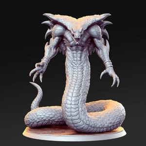 May include: A gray, detailed, 3D printed miniature of a snake-like creature with a humanoid torso and a serpentine tail. The creature has a menacing expression and is posed in a standing position with its arms raised.