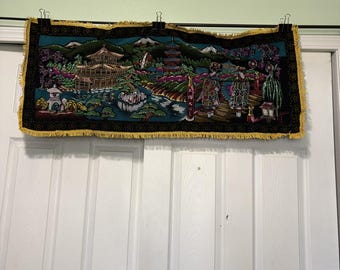 Tapiz de pared vintage de terciopelo japonés con diseño de geisha y pagoda para jardín, 43 x 112 cm