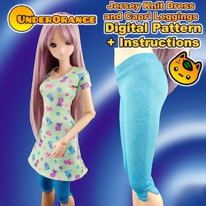 May include: A digital pattern for a jersey knit dress and capri leggings for dolls. The pattern includes instructions and is available for download. The image shows a doll wearing the completed outfit, which is light green with a floral print and blue capri leggings.