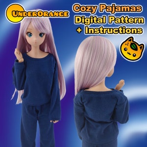May include: A digital pattern for a cosy pyjama set with instructions. The pattern is for a long-sleeved top and trousers. The image shows a doll wearing the finished pyjamas, which are a dark blue colour.