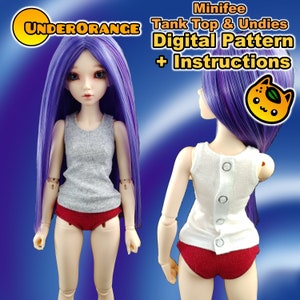 May include: A doll wearing a gray tank top and red underwear. The doll has long purple hair and is posed in front of a blue background. Text on the image reads "UNDERORANGE" and "Minifee Tank Top & Undies Digital Pattern + Instructions."