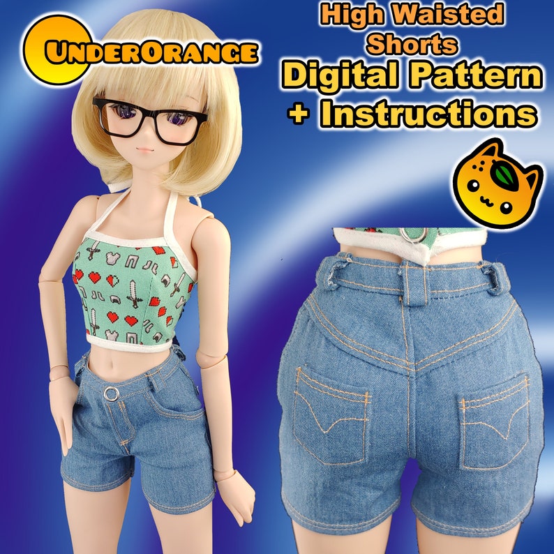 May include: Digital pattern and instructions for making high-waisted denim shorts. The pattern is for a doll, and the image shows a doll wearing the finished shorts.