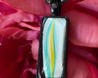 Abstract Acrylic fluid pour art painted rectangular glass Cabochon necklace pendant black green