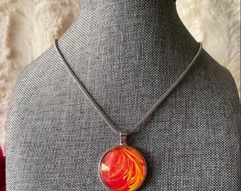 Abstract Fluid Art Necklace, Red & Yellow Acrylic Pendant