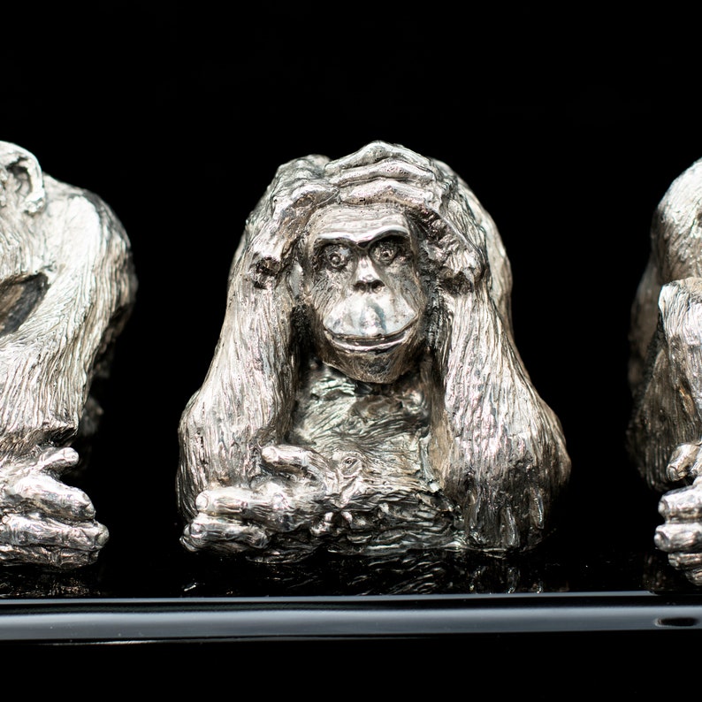 Silver Obsdian Statue Three Wise Monkey Japan Etsy