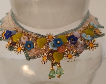 flores, collar, prado, primavera, pleno verano, crochet, flores