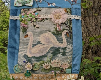 Nenúfares, cisnes, bordados, perlas, romántico, terciopelo, upcycling,