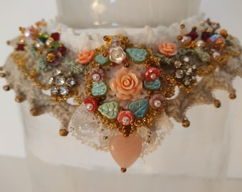 Princesa, collar, rosas, flores, romántico, cuento de hadas, crochet, perlas